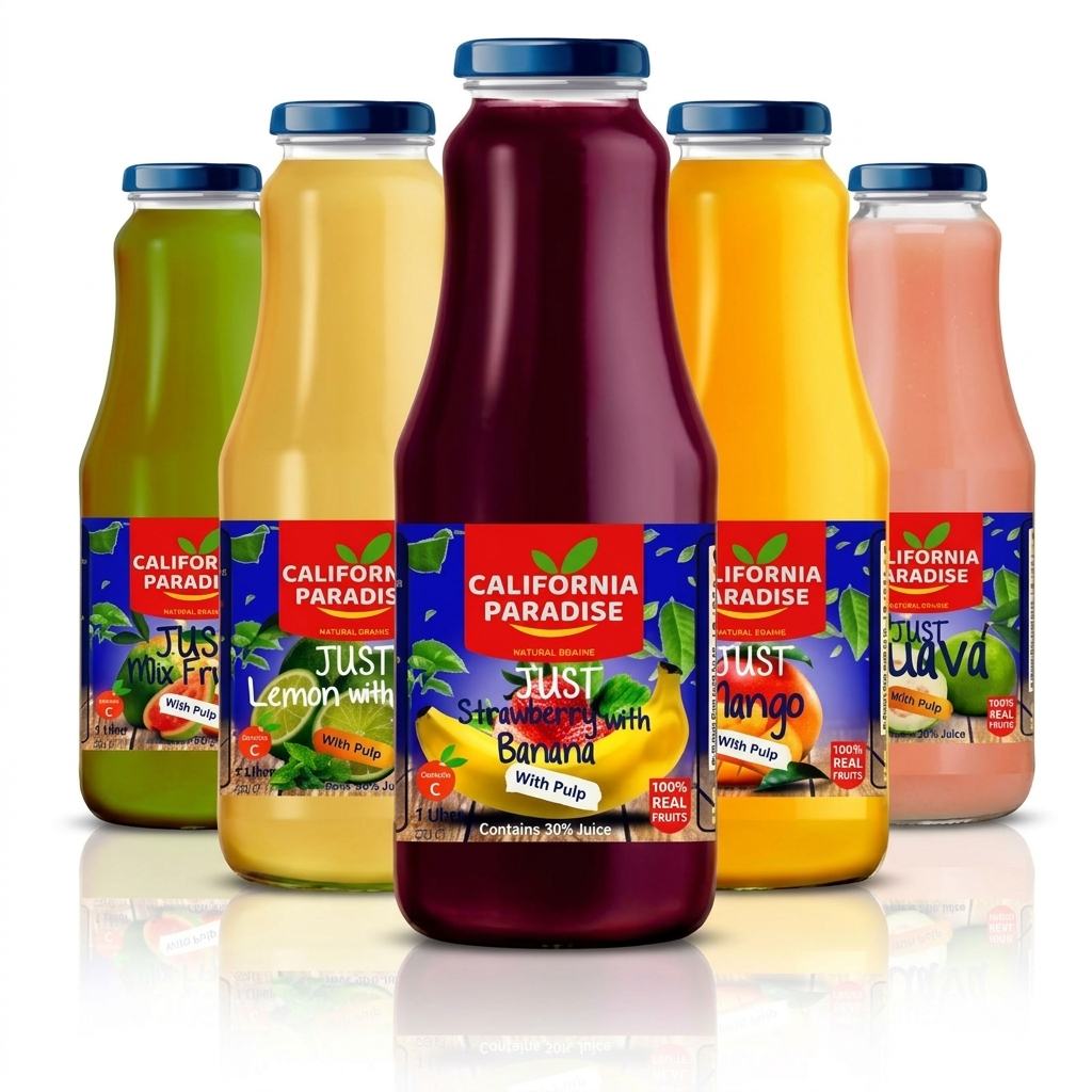 Assorted bottles of California Paradise juice on a white background