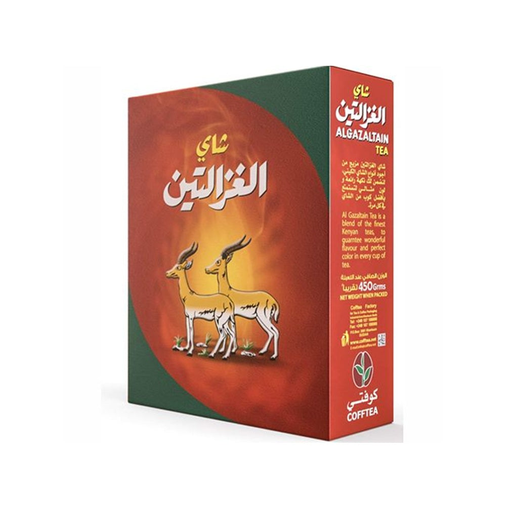 Al Ghazaltain Tea box with deer illustration and text on a white background