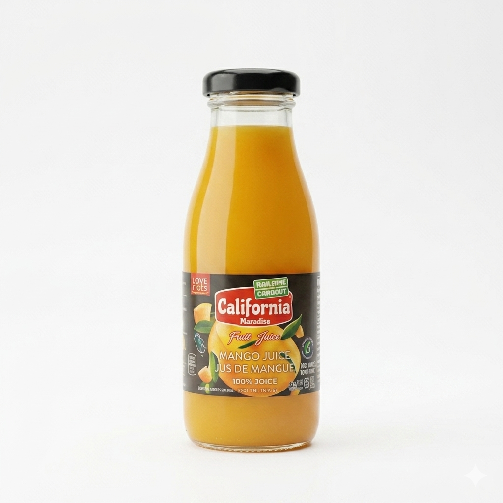 Bottle of California Mango Juice on a white background