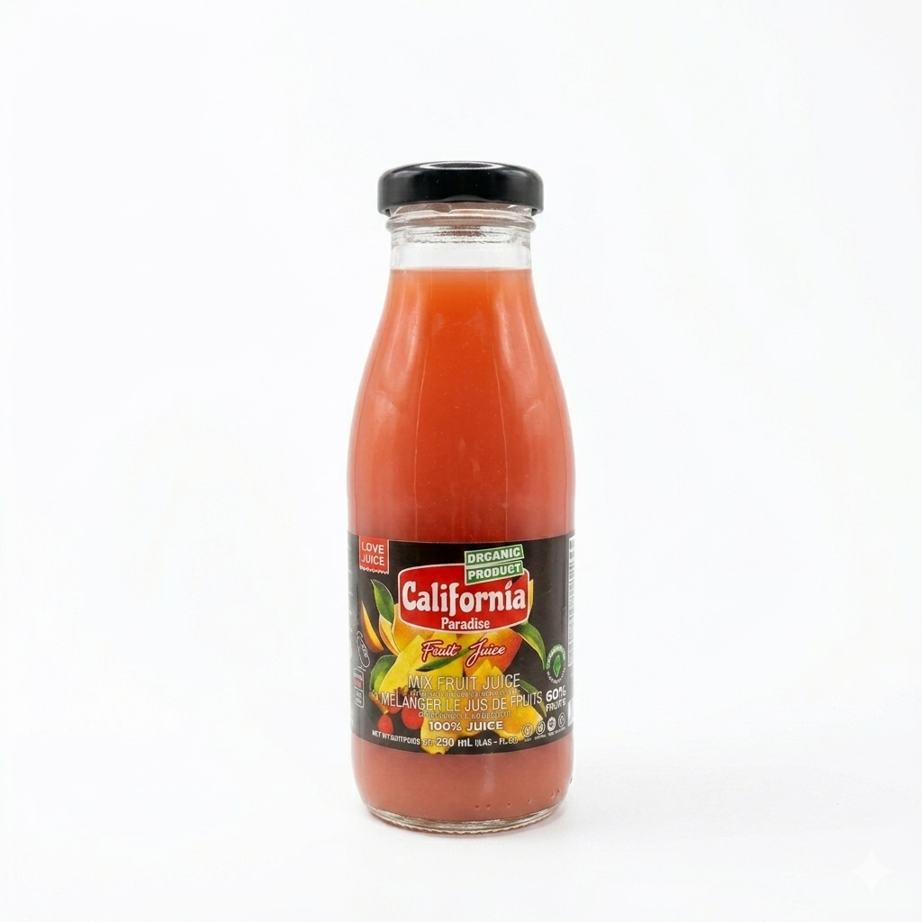Bottle of California Paradise juice on a white background