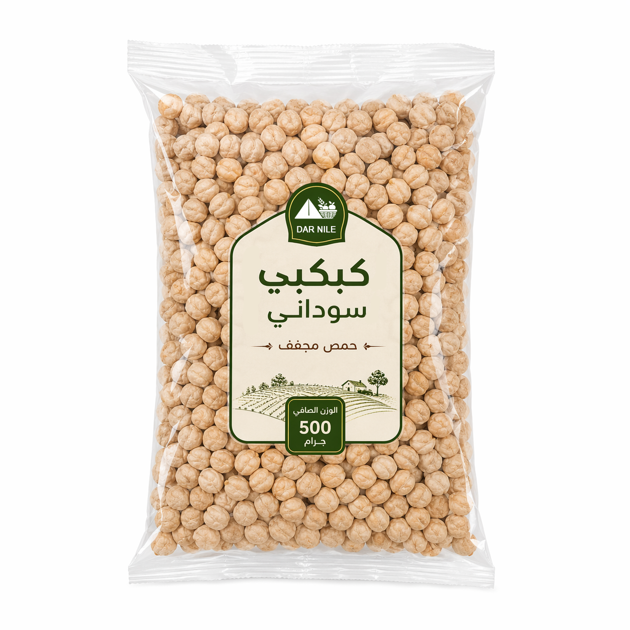 Packaged chickpeas with a label on a white background