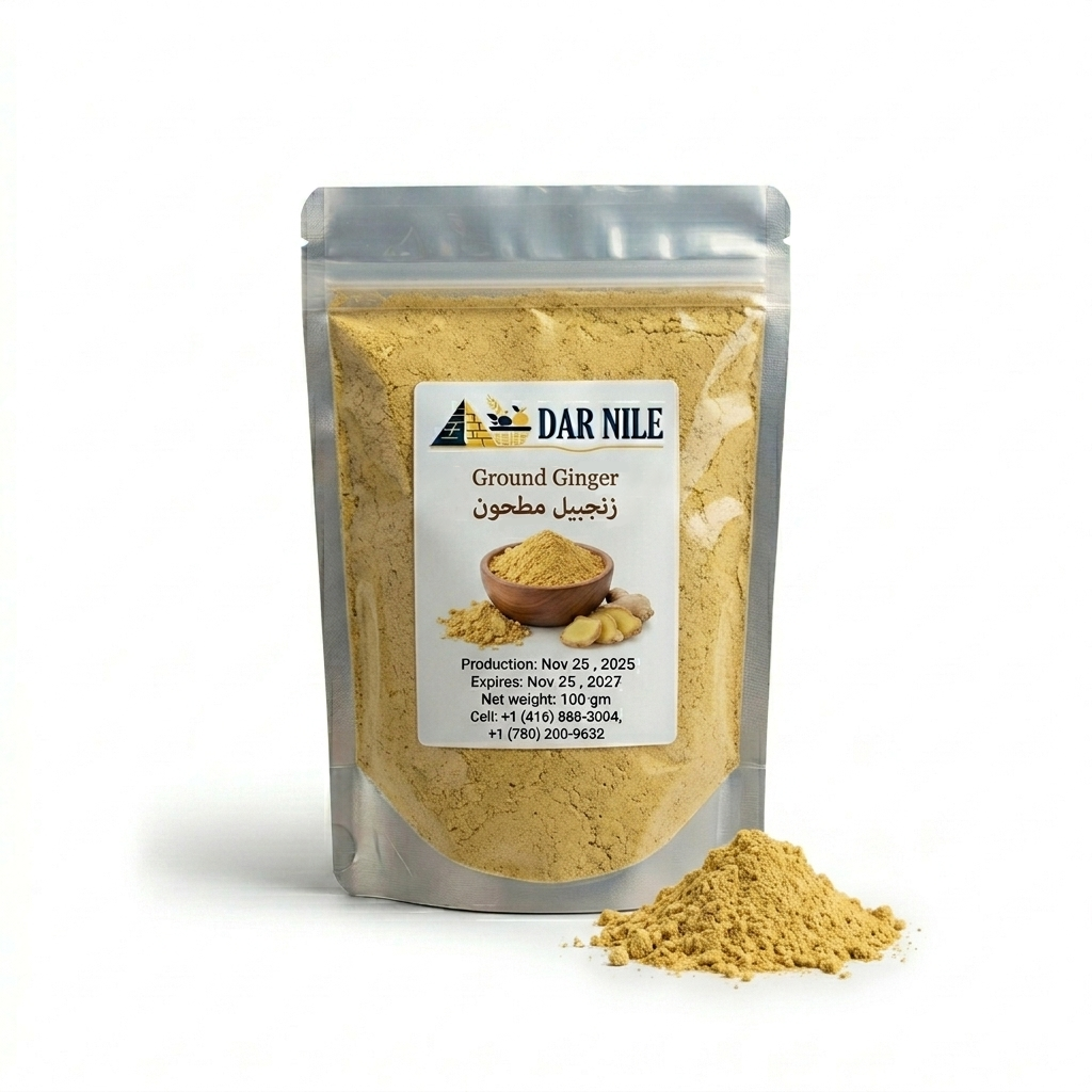 Packaging of Dar Nile ground ginger powder with a white background