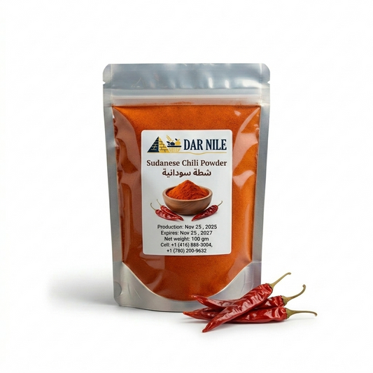 Packaging of Sudanese Chilli Powder with a label on a white background