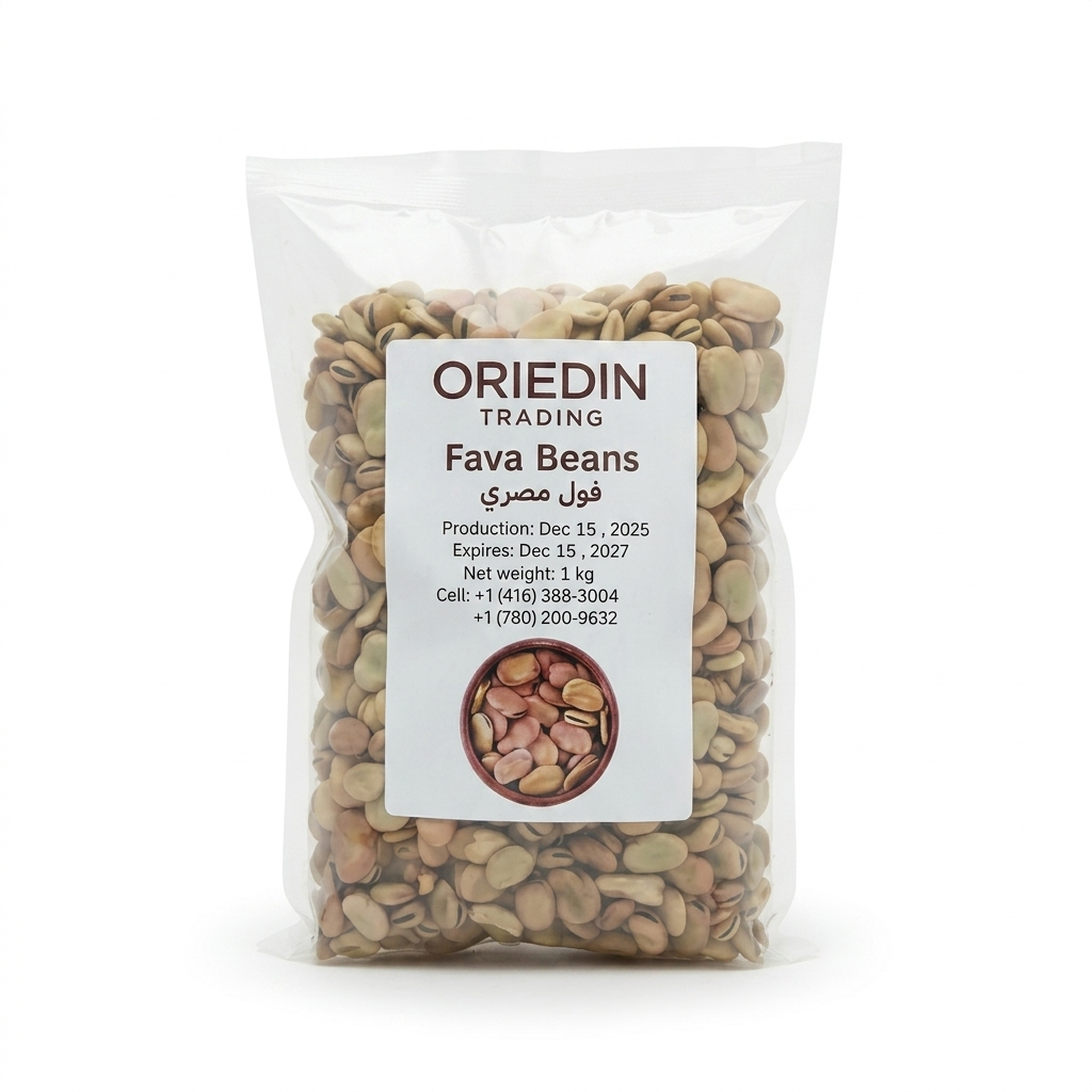 Bag of Oriedin Trading Fava Beans with a clear label on a white background