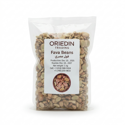 Bag of Oriedin Trading Fava Beans with a clear label on a white background