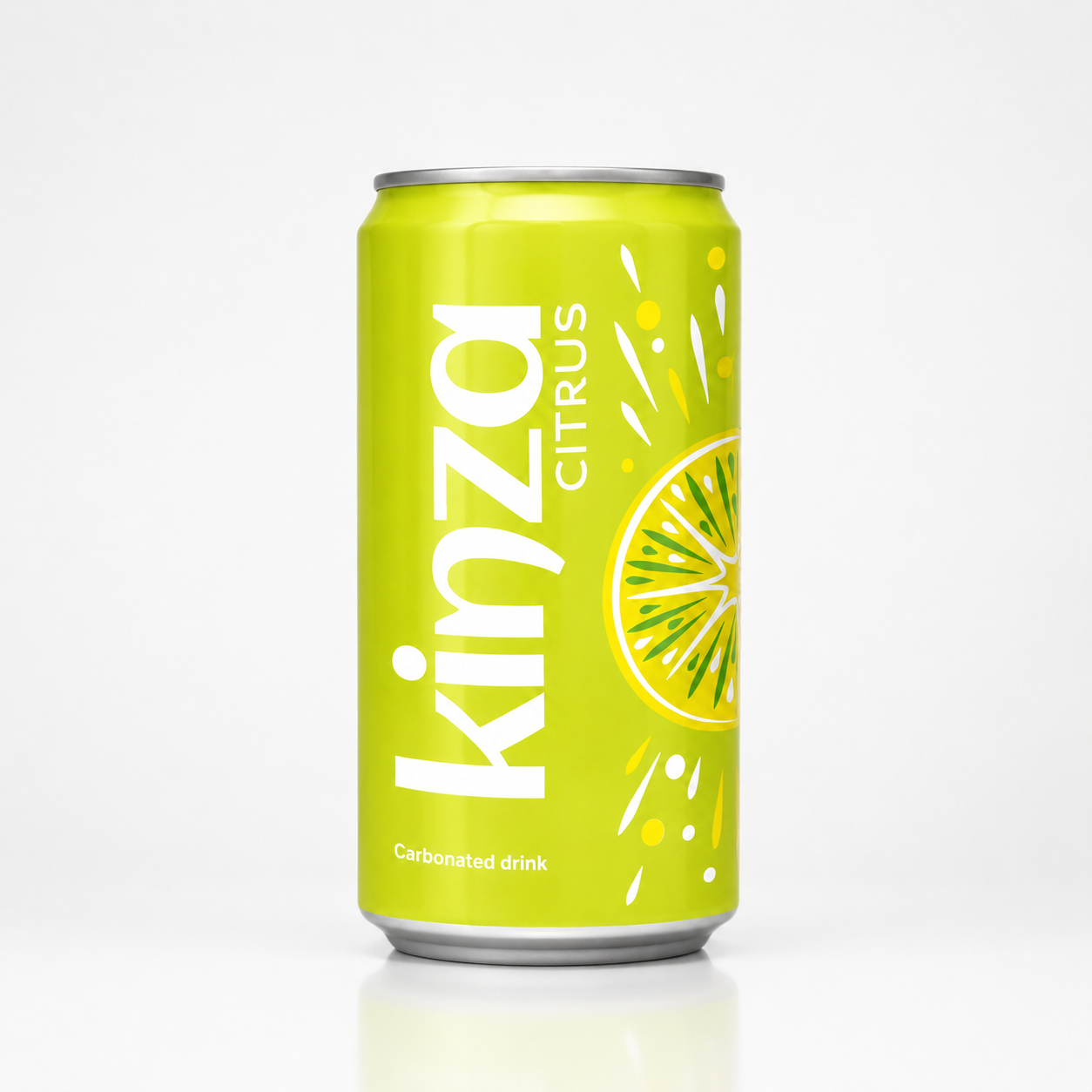 Green can of Kinza Citrus on a white background