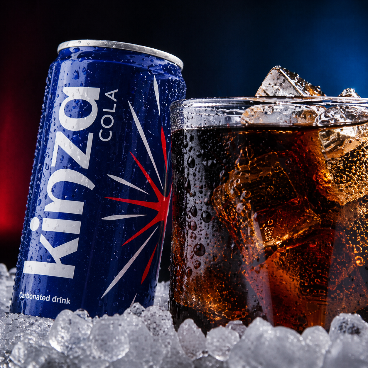 Kinza Cola can and glass with ice on a dark background