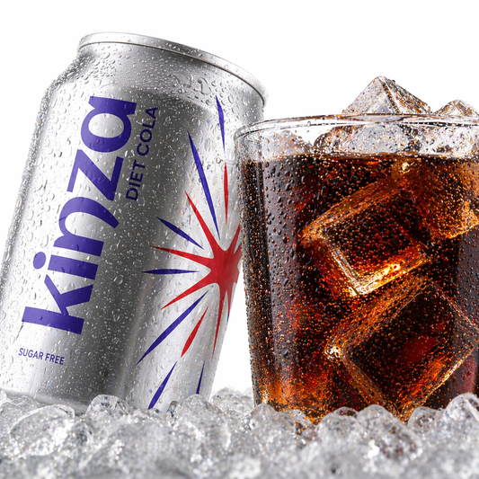 Kinza Diet Cola can and glass of cola with ice on a white background