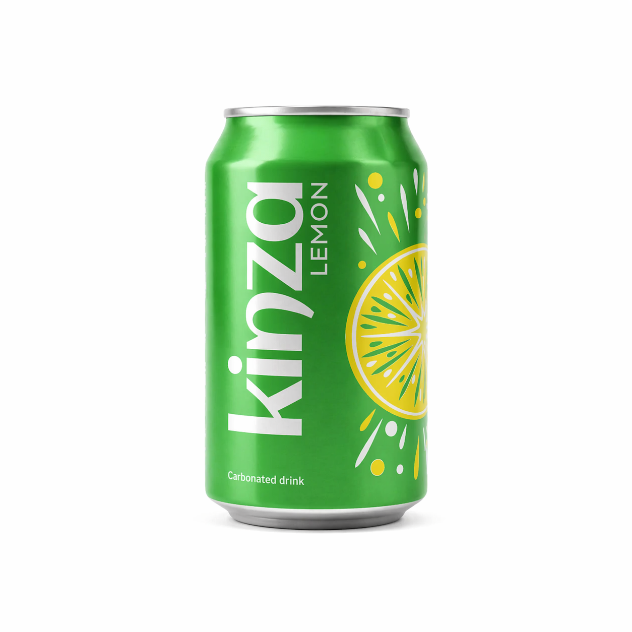 Green can of kinza lemon carbonated drink on a white background