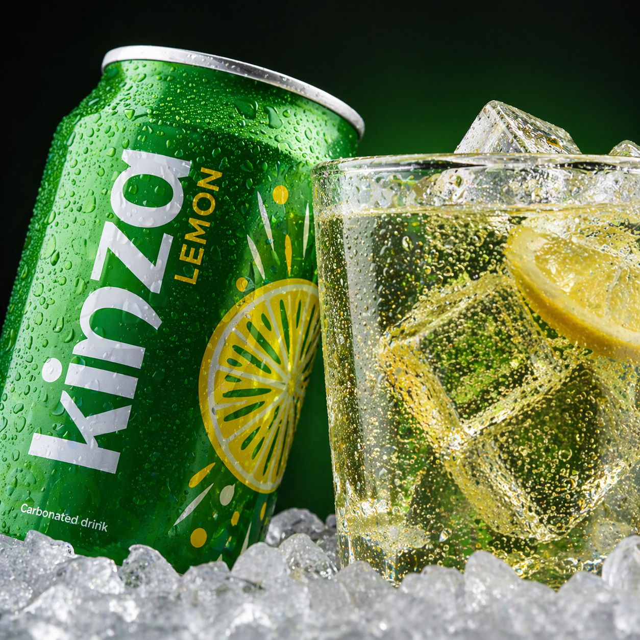 Green can of Kinza Lemon soda with a glass of lemonade on ice, against a dark green background.