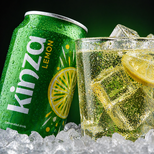 Green can of Kinza Lemon soda with a glass of lemonade on ice, against a dark green background.