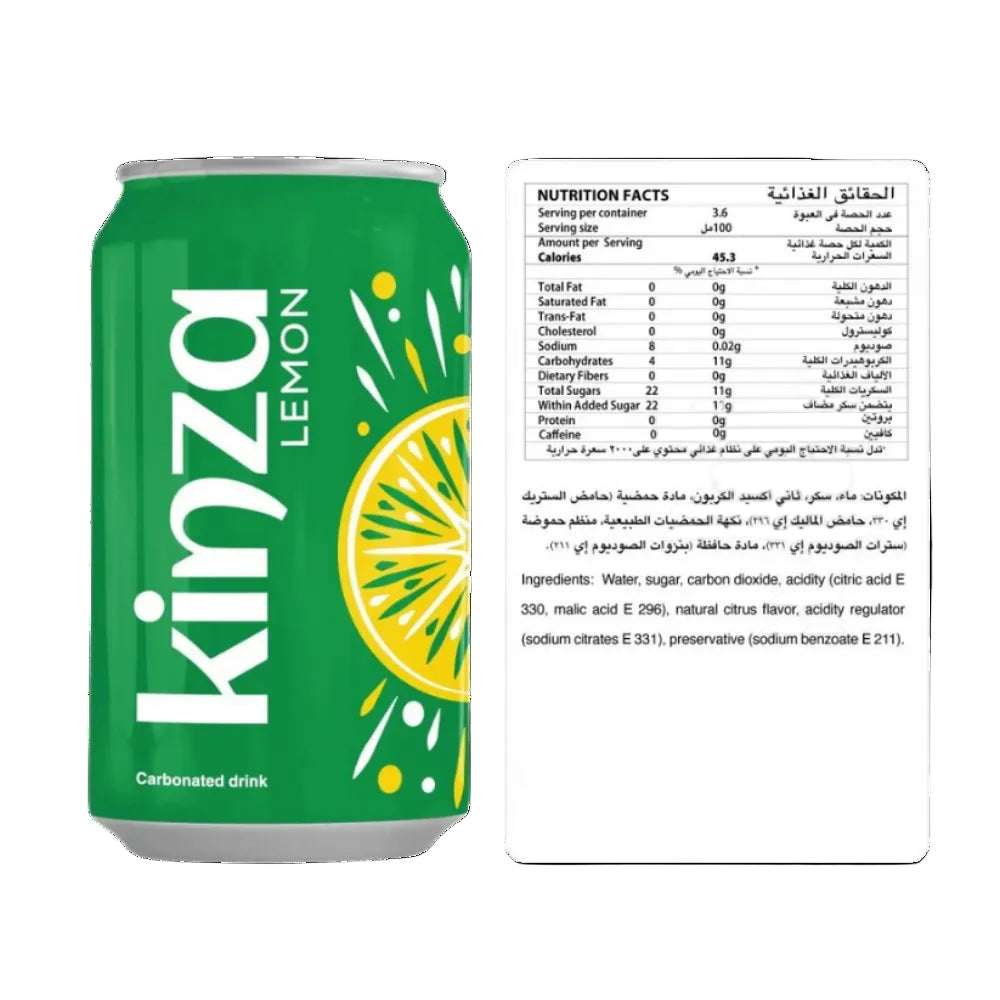 Green can of Kinza Lemon carbonated drink with nutritional information on a white background
