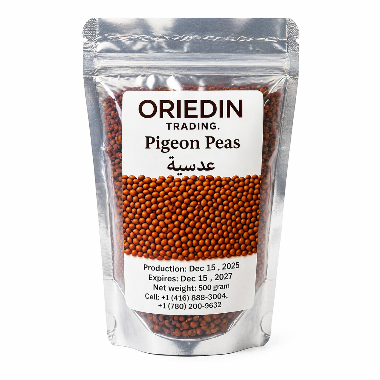 Bag of Oriedin Trading pigeon peas with a clear front for visibility