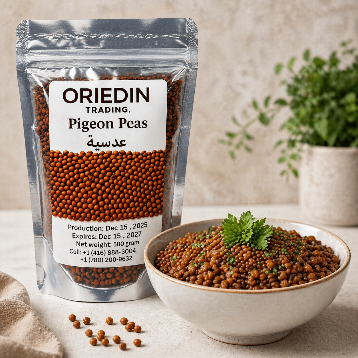 Packaged pigeon peas with a bowl of pigeon peas on a neutral background
