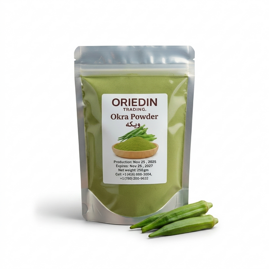 Oriedin Trading okra powder package with okra on a white background