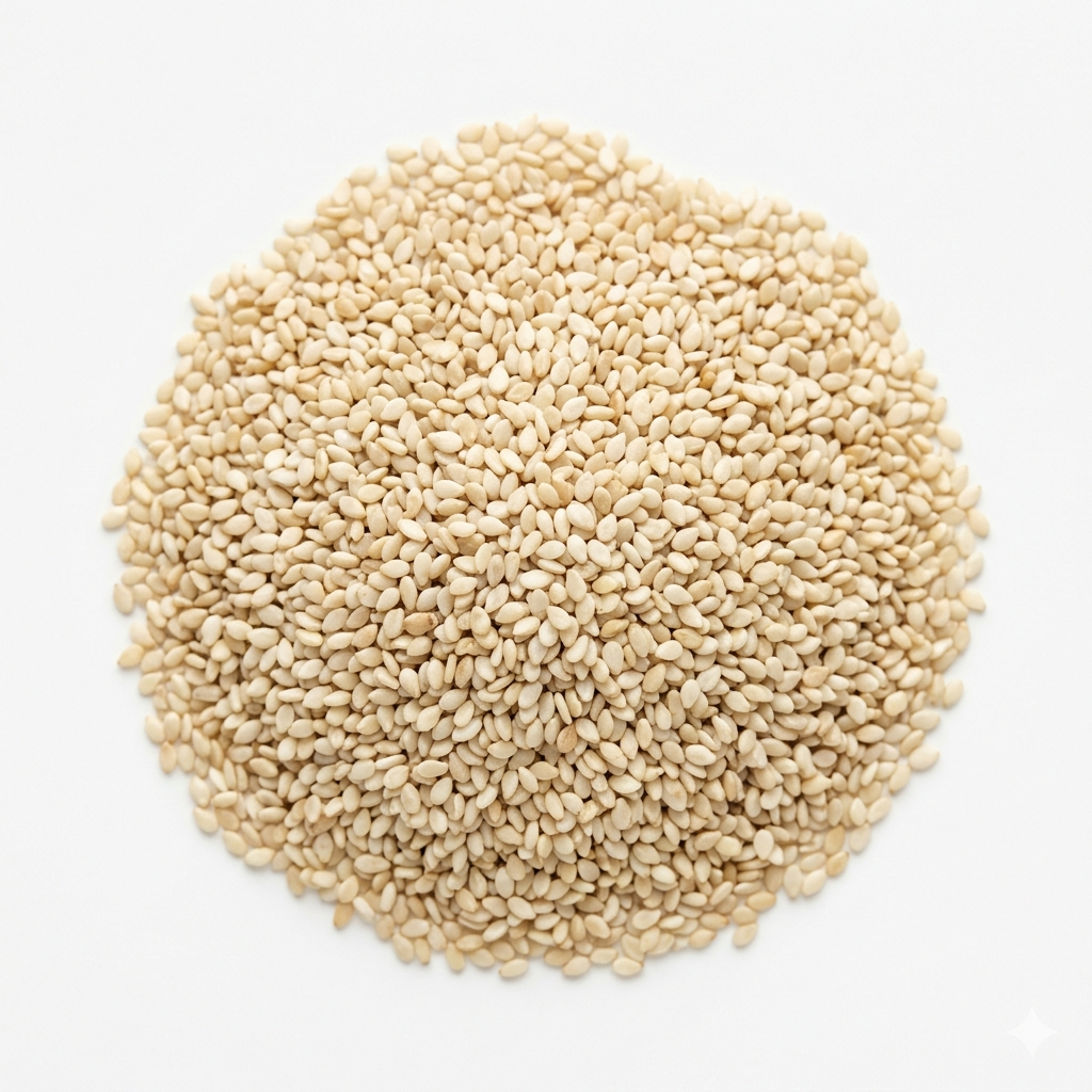 Pile of sesame seeds on a white background